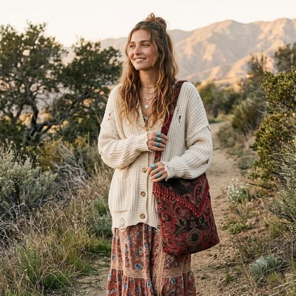 OOAK Handbags - OOAK Floral Tapestry Beaded Fringe Tote Hobo Bag Boho Festival Whimsigoth Artsy